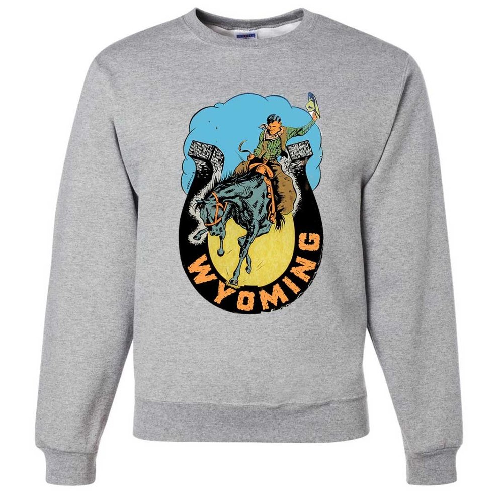 Vintage State Sticker Wyoming Bucking Bronco Crewneck Sweatshirt - Ash Medium