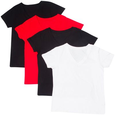 4 Pack Zenana Women's Basic V-Neck T-Shirts Med Black, Black, White, Red