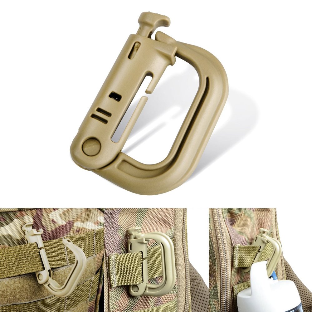 DYZD Tactical Gear ABS Plastic Molle D Ring Shape Buckle, Super-Handy Spring Snap Key Chain Clip Hook Screw Lock Buckle 4PCS (Khaki)