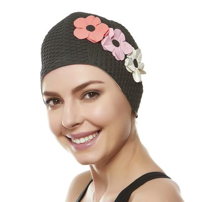 Latex Swim Cap - Women Stylish Swimming Cap Great for Ladies, Perfect to Keep Hair Dry - Suitable for Long Hair - Bubble Crepe with Black and Pink and White Flowers