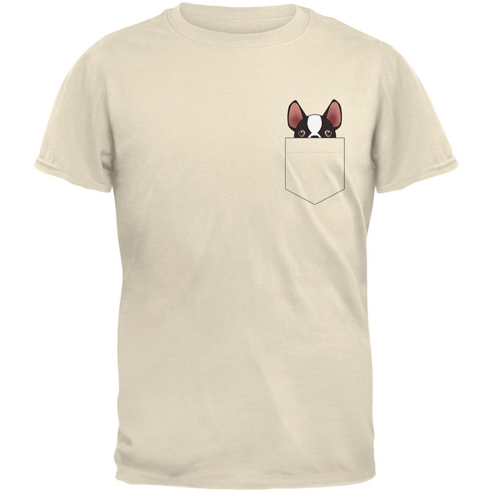 Animal World Boston Terrier Faux Pocket Pet Natural Adult T-Shirt - 2X-Large