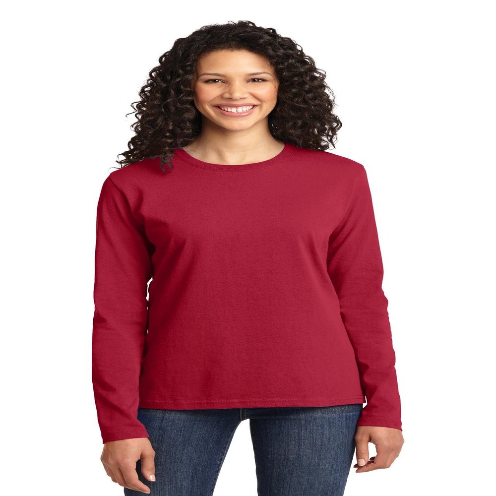 Port & Company Ladies Long Sleeve 100% Cotton T-Shirt, Red, Large