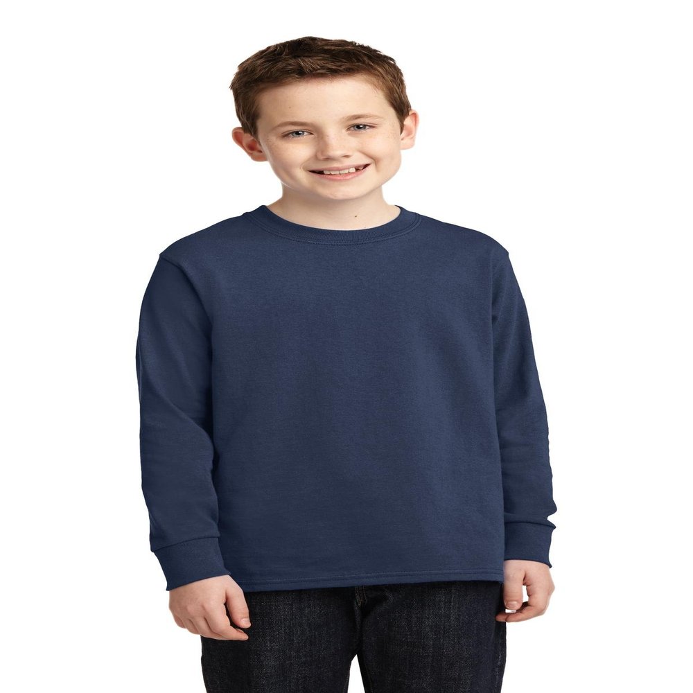 Port & Company Youth Long Sleeve 100% Cotton T-Shirt, Navy, Medium