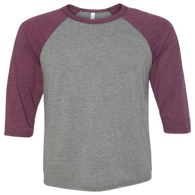 Bella + Canvas Unisex 3/4-Sleeve Baseball T-Shirt, Large, GRY/MAROON TRBLN