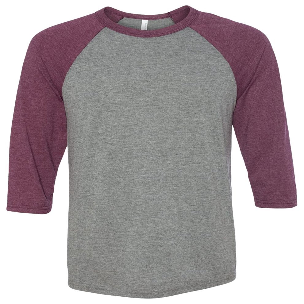 Bella + Canvas Unisex 3/4-Sleeve Baseball T-Shirt, Large, GRY/MAROON TRBLN