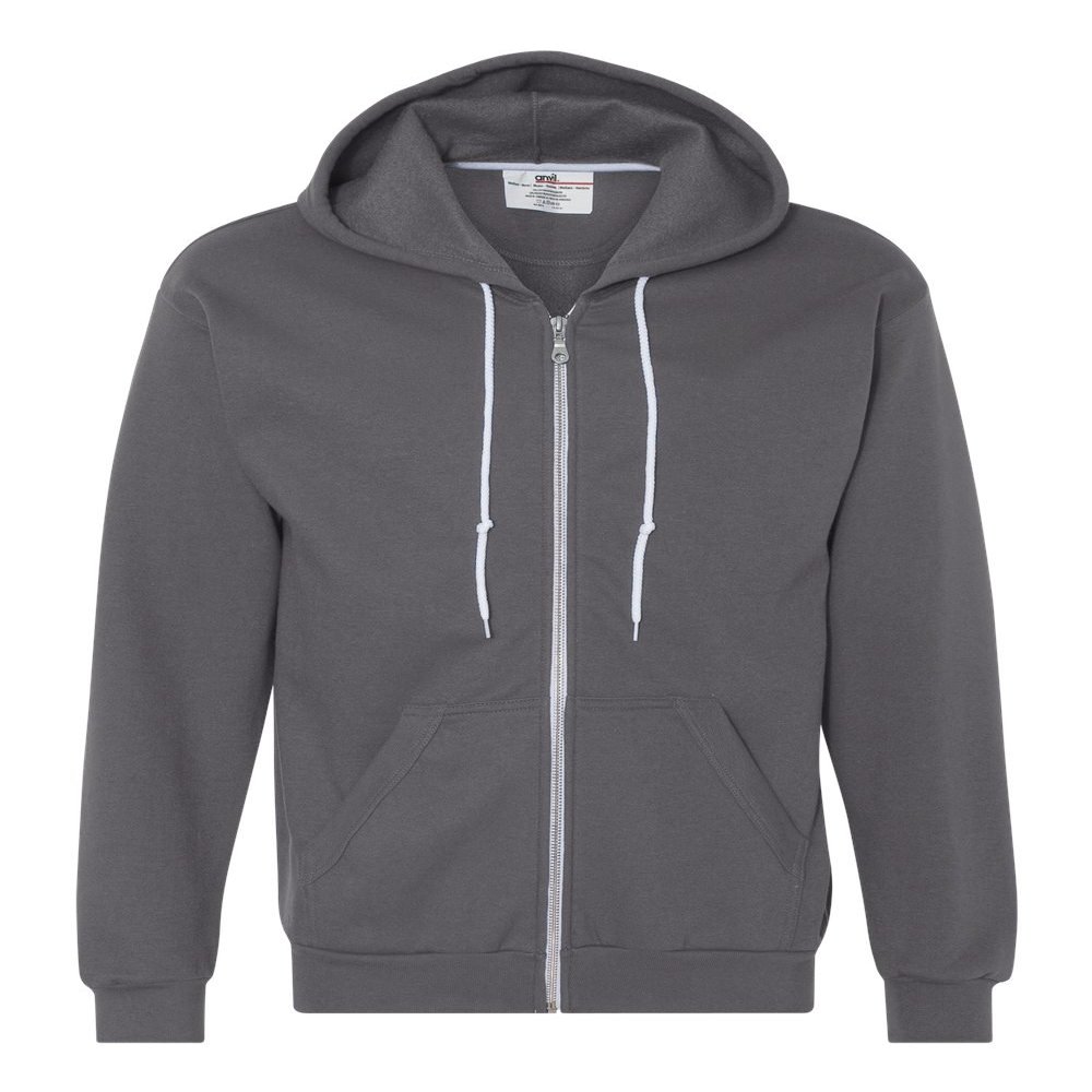 Anvil Full-Zip Hooded Fleece, Small, Charcoal