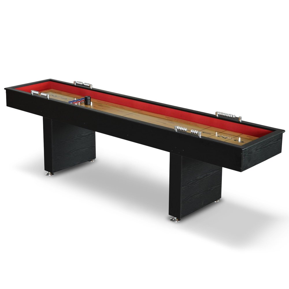 Hathaway Avenger 9 Ft Shuffleboard Table for Family Game Room  Poly-Coated Playfield, Built-in Scorer & Cabinet, Carpeted Gutters, 8 Pucks, Brush & Wax  Black Finish
