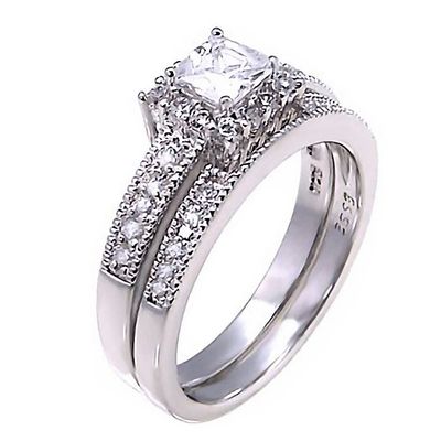 1000 Jewels Sterling Silver 1.48ct Princess-Cut Russian Ice on Fire CZ 2 pc Wedding Ring Set, Epiphany sz 9.0