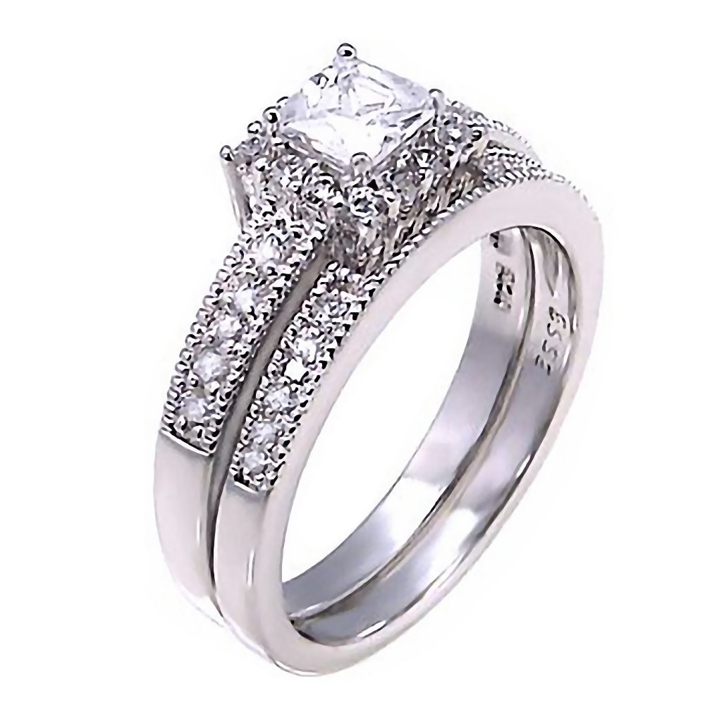 1000 Jewels Sterling Silver 1.48ct Princess-Cut Russian Ice on Fire CZ 2 pc Wedding Ring Set, Epiphany sz 9.0
