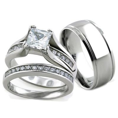 Marimor Jewelry Her and His 3 Piece Stainless Steel Wedding Engagement Ring and Classic Men's Band Set Size Women's 11 Men's 06