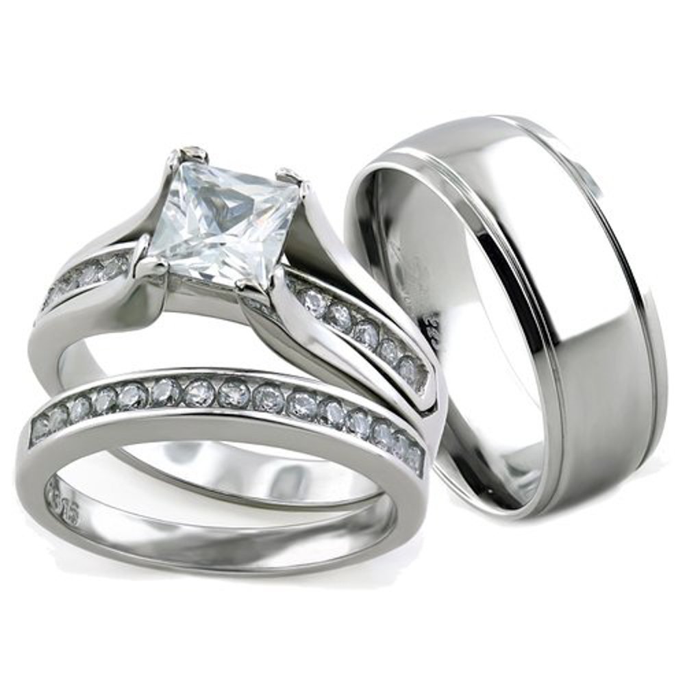 Marimor Jewelry Her and His 3 Piece Stainless Steel Wedding Engagement Ring and Classic Men's Band Set Size Women's 11 Men's 06