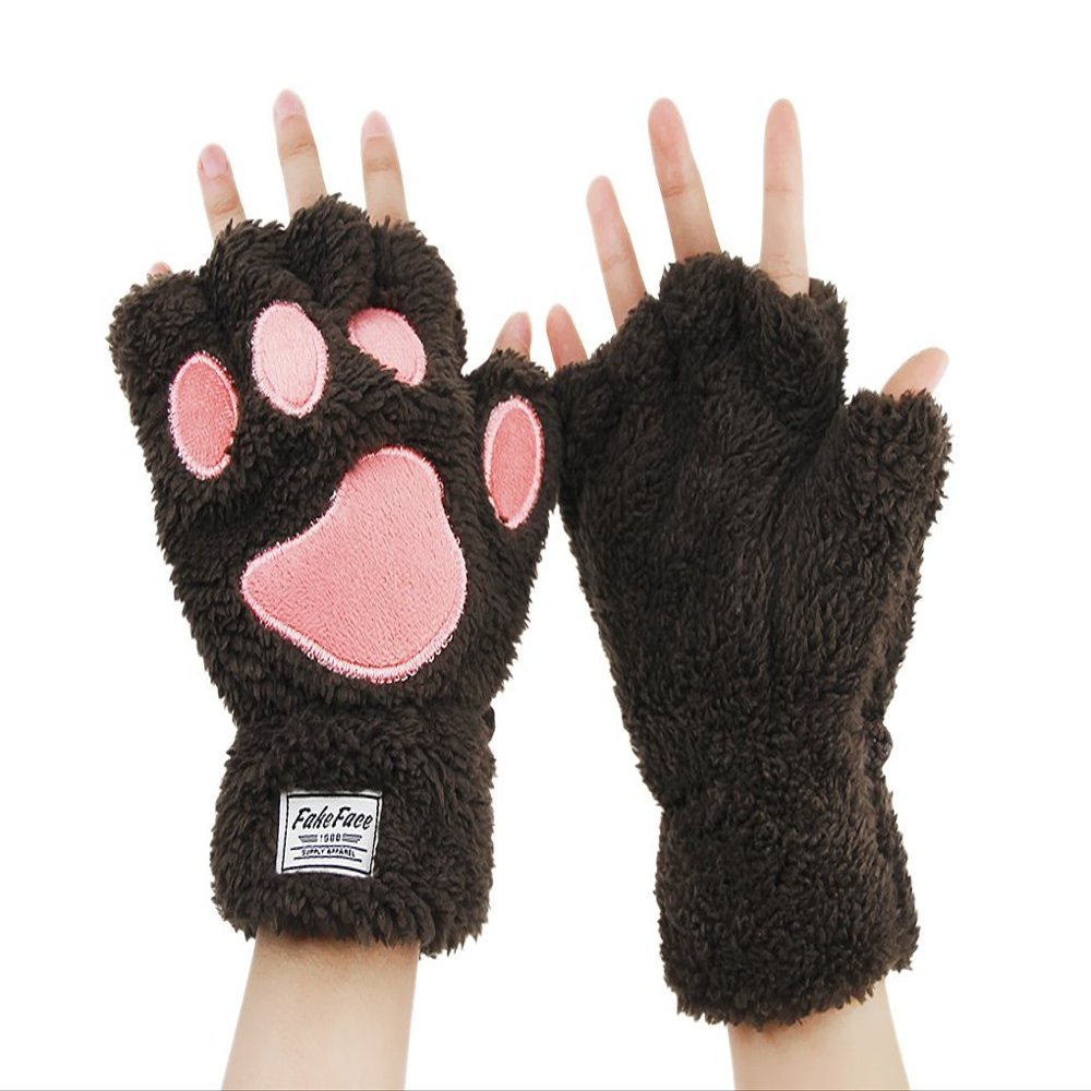 Fluffy Cat Claw Fingerless Bear Paw Mitten Gloves , Halloween Cosplay - Coffee
