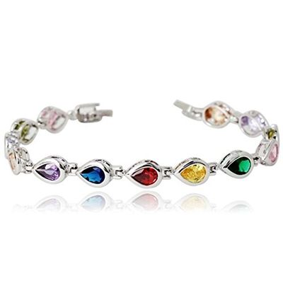 Crystalline Azuria Women 18K White Gold Plated Teardrops Multi Colorful Zirconia Crystals Tennis Bracelet