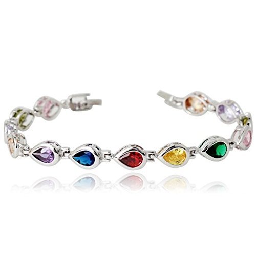 Crystalline Azuria Women 18K White Gold Plated Teardrops Multi Colorful Zirconia Crystals Tennis Bracelet
