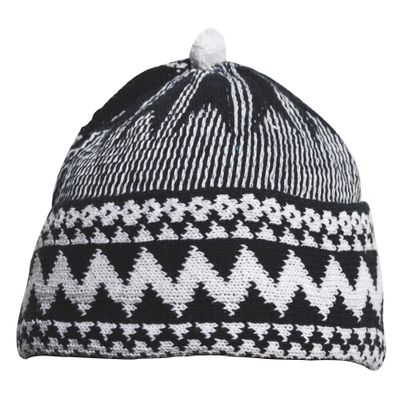 Kids Indigo Blue Zigzag Design Muslim Beanie Kufi Hat Crown with White Ball - Stretchable OneSize African Hat