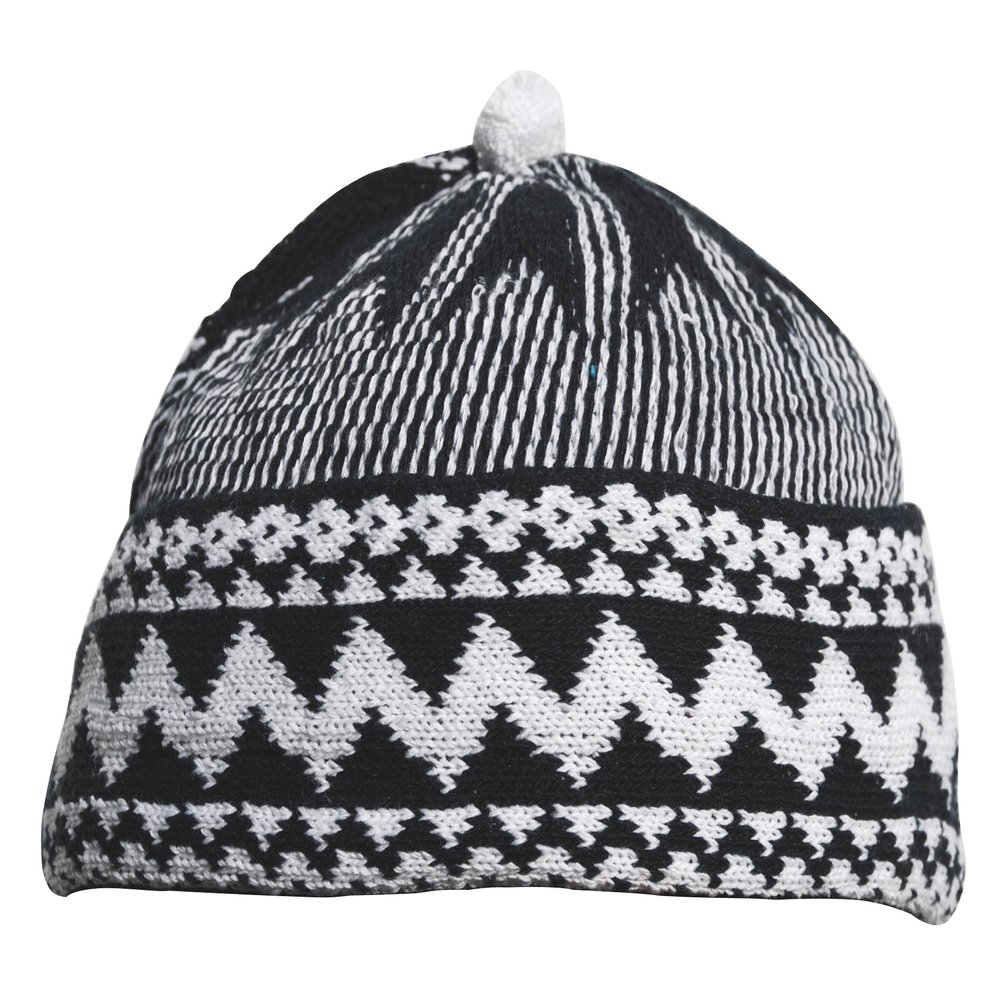 Kids Indigo Blue Zigzag Design Muslim Beanie Kufi Hat Crown with White Ball - Stretchable OneSize African Hat