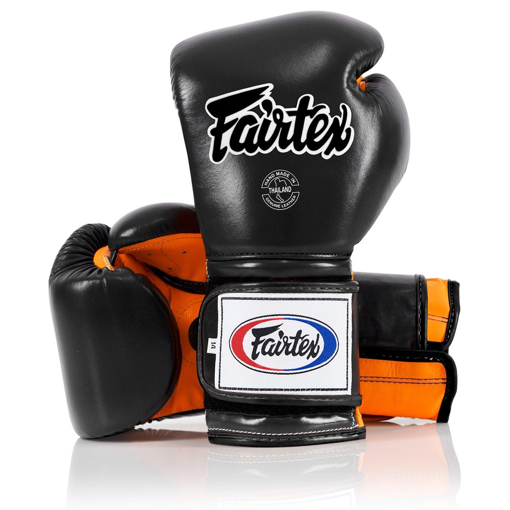 Fairtex Muay Thai Boxing Gloves BGV9 - Heavy Hitter Mexican Style Training & Sparring Gloves for Kick Boxing MMA K1 (Black/Orange, 12 oz)