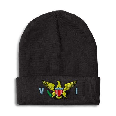 Speedy Pros Beanies for Men Virgin Islands Embroidered American Flag Seal Winter Hats for Women Acrylic Skull Cap One Size Black Design Only