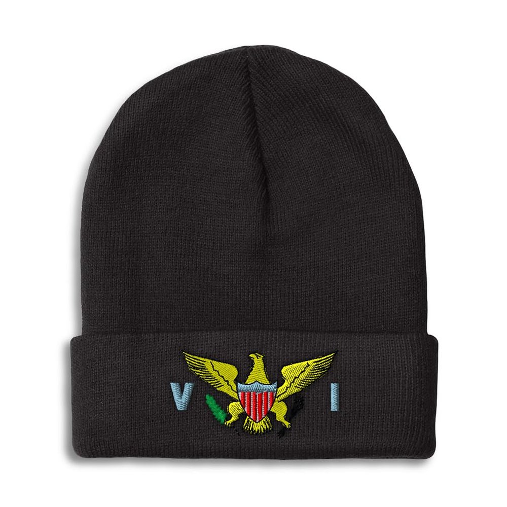 Speedy Pros Beanies for Men Virgin Islands Embroidered American Flag Seal Winter Hats for Women Acrylic Skull Cap One Size Black Design Only