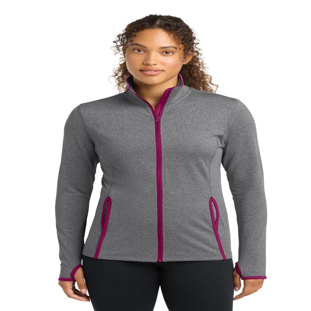 SPORT-TEK Women's Sport-Wick Stretch Contrast Full Zip Jacket, Charcoal Grey Heather/Pink Rush, L
