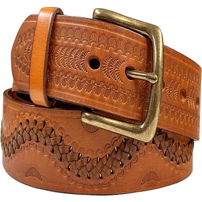 2286 Western Hand-Woven Braided Genuine Full Grain Leather Belt 1-1/2"(38mm) Wide (Tan, 40)
