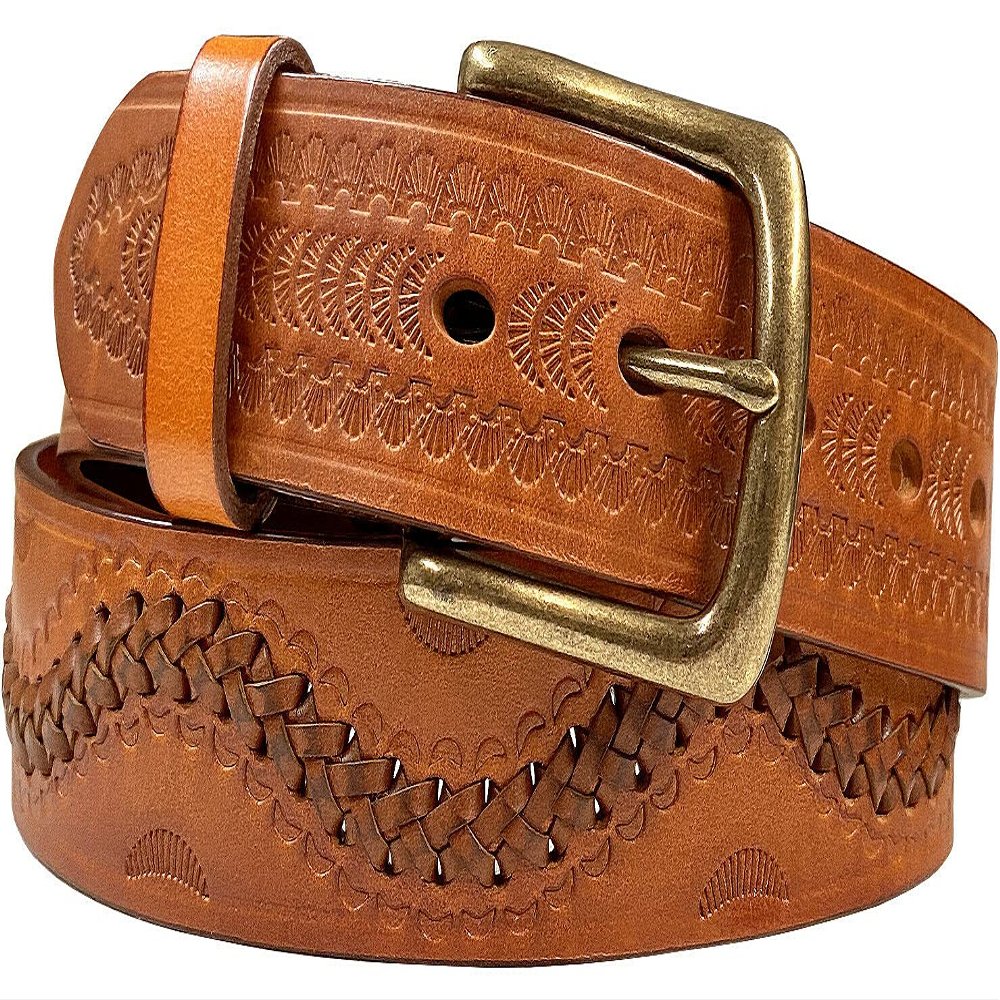2286 Western Hand-Woven Braided Genuine Full Grain Leather Belt 1-1/2"(38mm) Wide (Tan, 40)