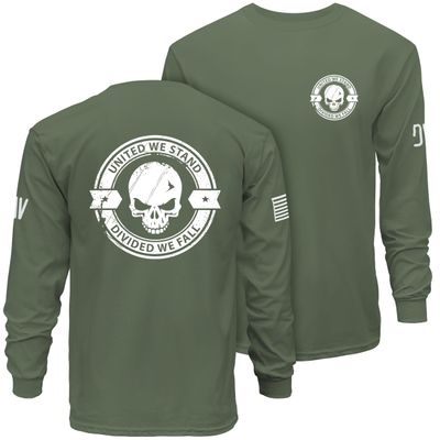 Dion Wear Divided We Fall Long Sleeve T-Shirt - Skull Emblem Graphic Shirt for Men - 100% Cotton Crew Neck Tee