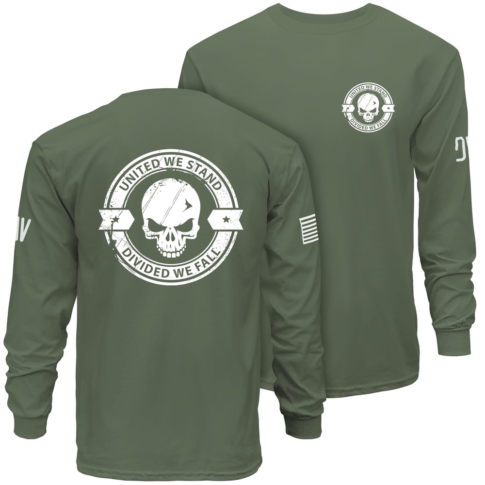 Dion Wear Divided We Fall Long Sleeve T-Shirt - Skull Emblem Graphic Shirt for Men - 100% Cotton Crew Neck Tee