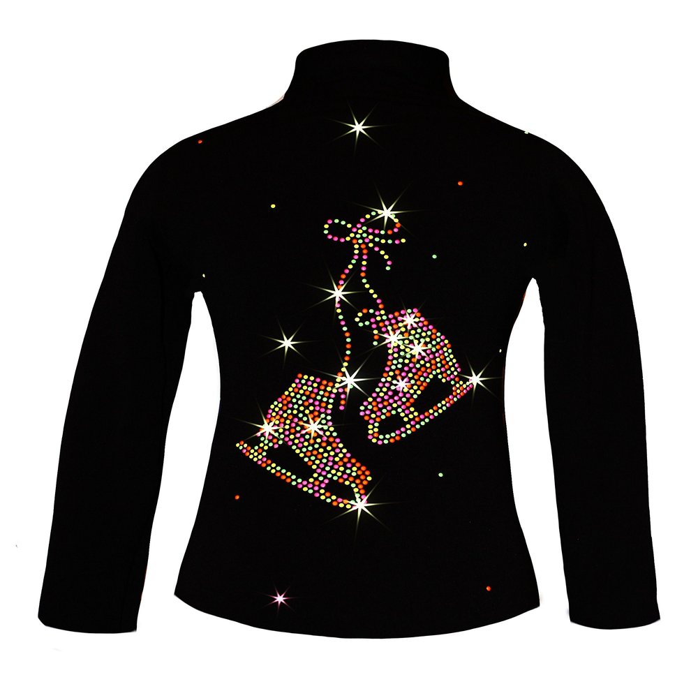 Ice Fire Polartec 4-Way Stretch Figure Skating Jacket with Pair of Skates Rhinestones Design (Neon Mix Crystals, Child Small)