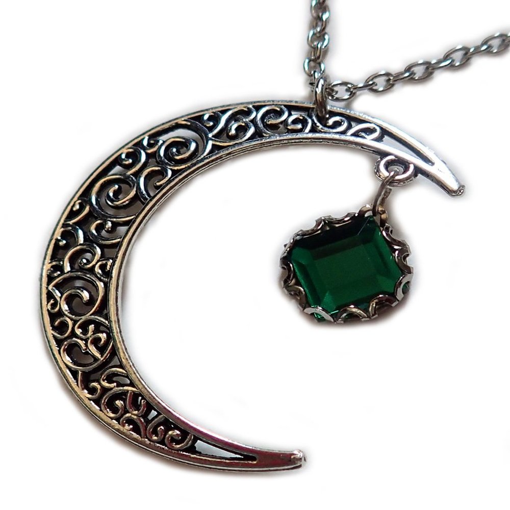 Silver Filigree Crescent Moon Pendant Emerald Green Rhinestone