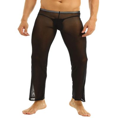 YiZYiF Men's Mesh Long Pants Bottoms Underwear Casual Wear Homewear Gym Trousers Black Small