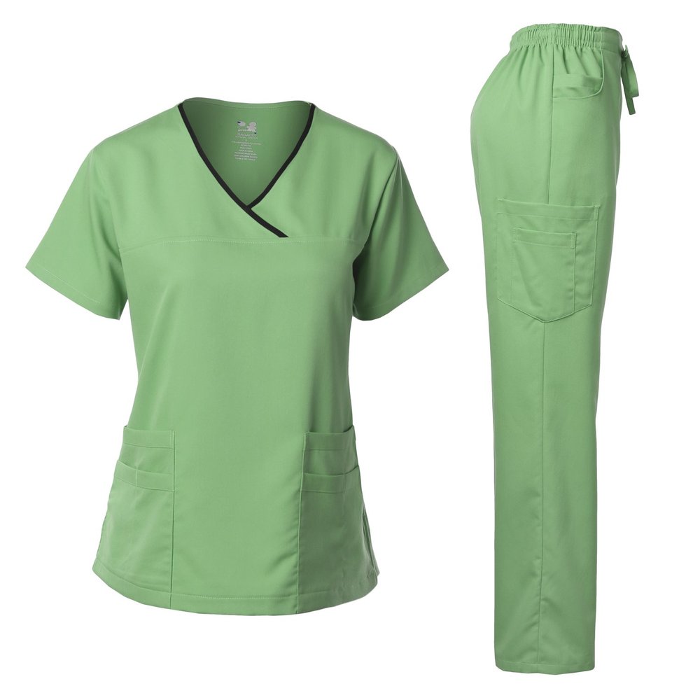 Dagacci Medical Uniform Scrubs for Women Set  Natural Stretch Contrast Binding Top and Pants Sets for Women  9 Pockets (X-Small, Apple Green)