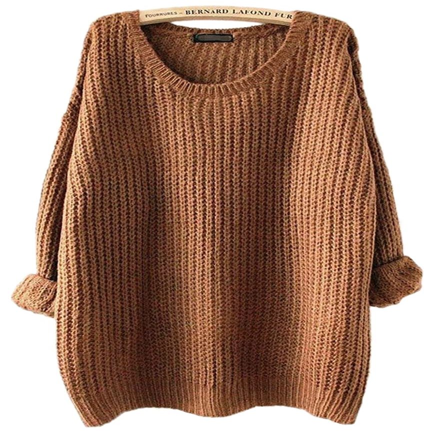 ARJOSA Women's Fall Sweaters Pullover Oversized Crew Neck Long Sleeve Knit Sweater Tunic Tops (Large, Brown)