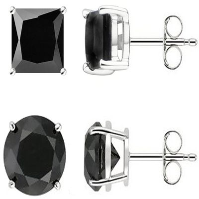 FANTOM Sterling Silver Round and Princess 2 Pairs of Black Stone Cz Earrings 2.00 Carat Total Weight 1.00 Carat Each Stone