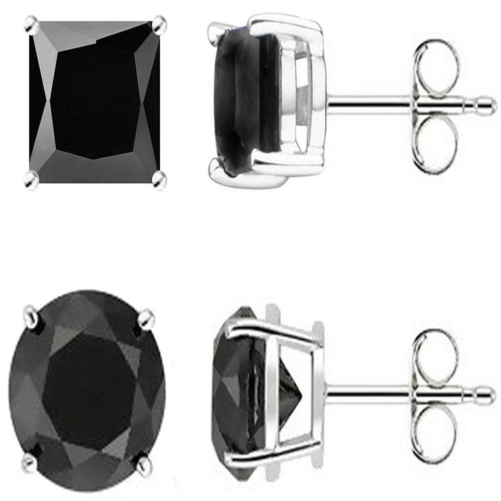 FANTOM Sterling Silver Round and Princess 2 Pairs of Black Stone Cz Earrings 2.00 Carat Total Weight 1.00 Carat Each Stone