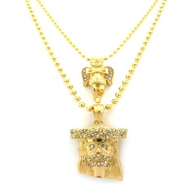 NYFASHION101 Jesus & Praying Angel Paved Micro Pendant with 24" & 27" Ball Chain Necklace Set, Gold-Tone