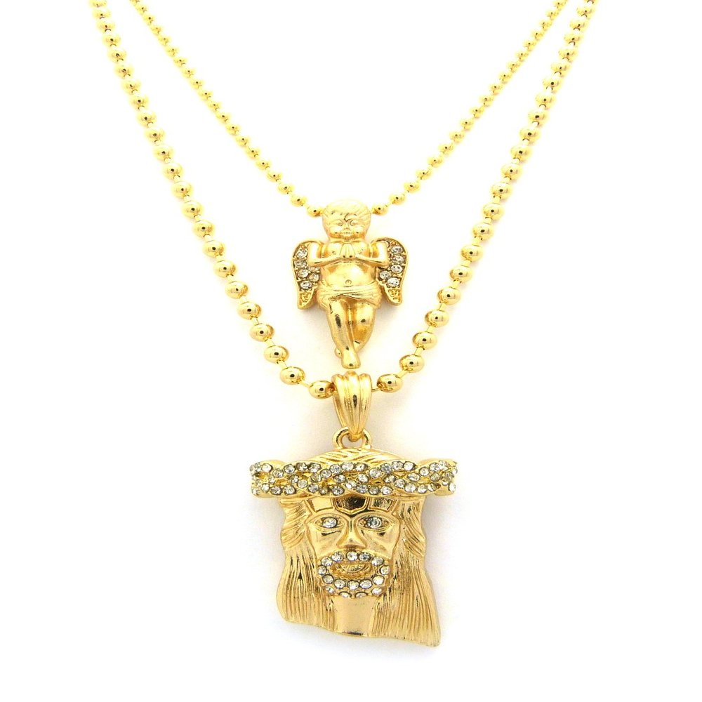 NYFASHION101 Jesus & Praying Angel Paved Micro Pendant with 24" & 27" Ball Chain Necklace Set, Gold-Tone