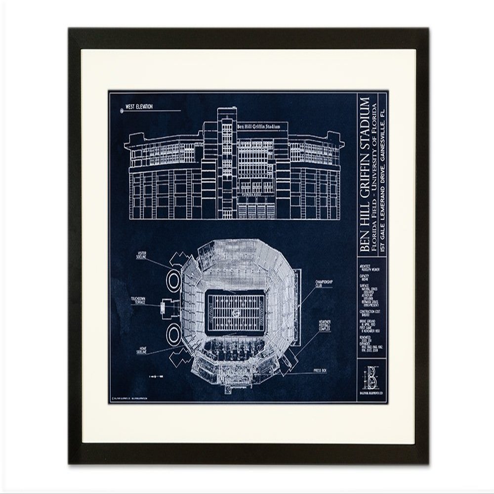 Ballpark Blueprints Ben Hill Griffin Stadium - University of Florida (Framed - Black, 18" x 24")