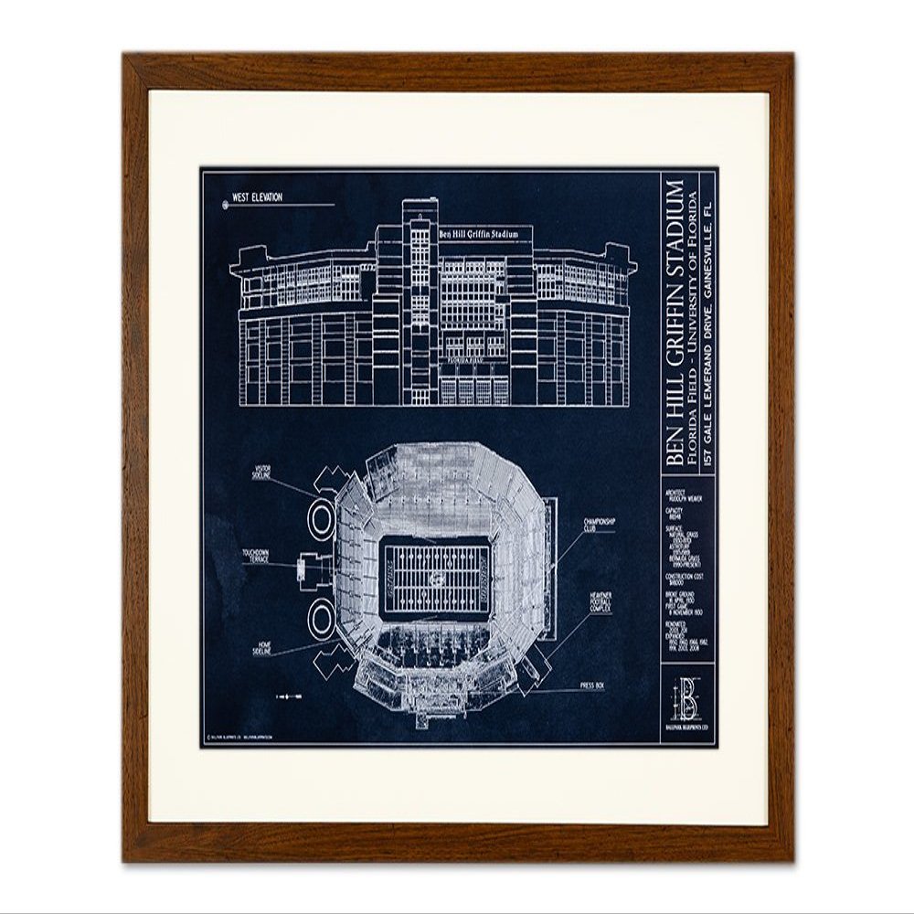 Ballpark Blueprints Ben Hill Griffin Stadium - University of Florida (Framed - Walnut, 18" x 24")