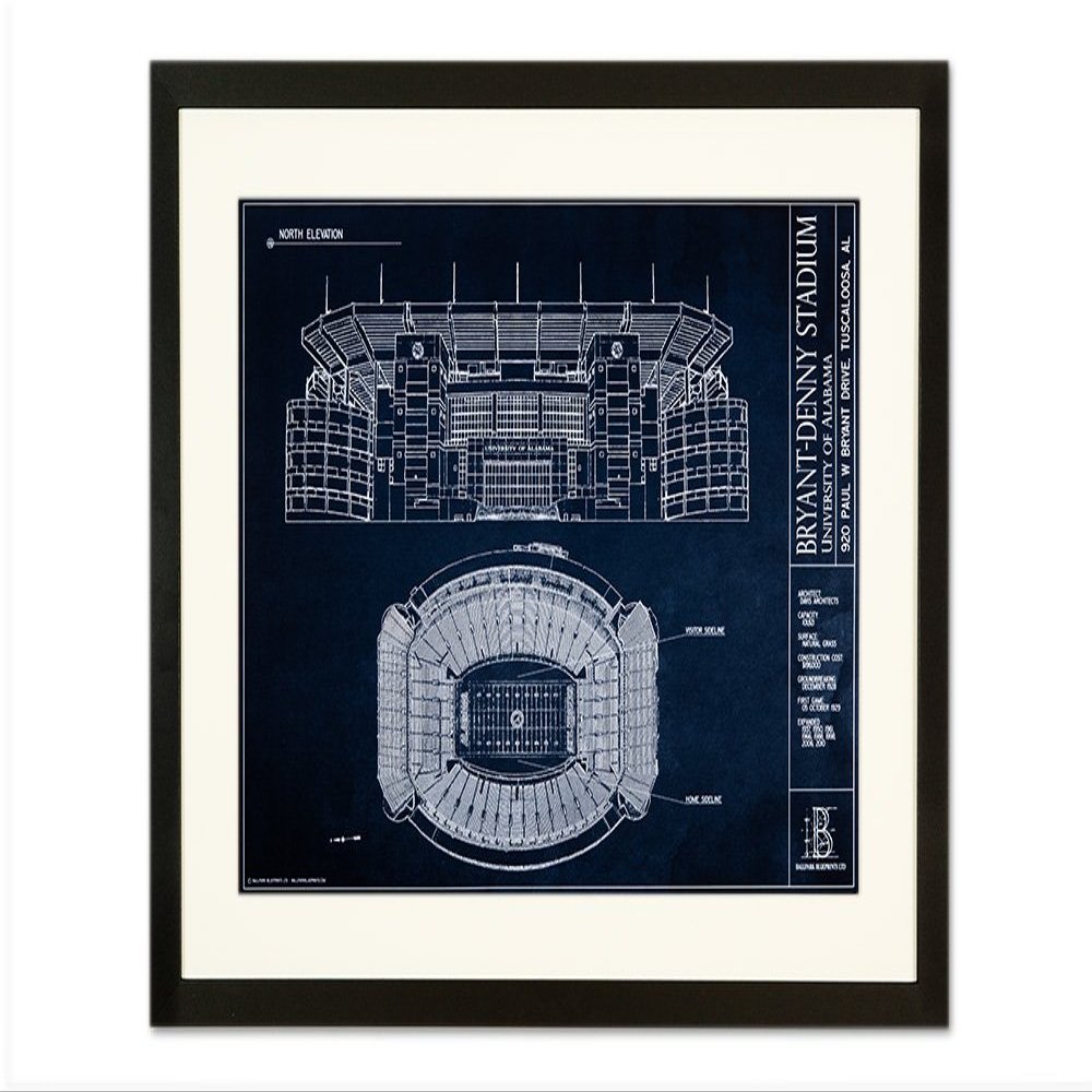 Bryant-Denny Stadium - University of Alabama Blueprint Style Print (Framed - Black, 18" x 24")