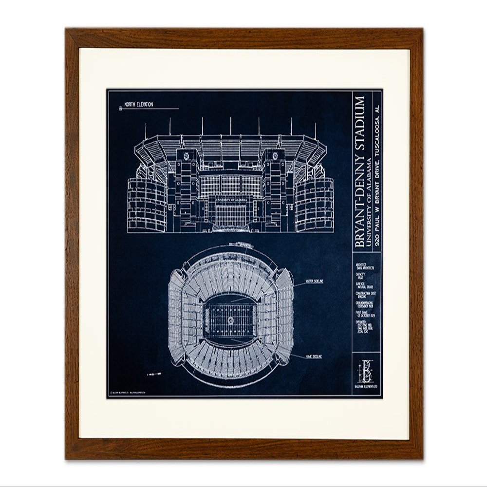 Bryant-Denny Stadium - University of Alabama Blueprint Style Print (Framed - Walnut, 18" x 24")