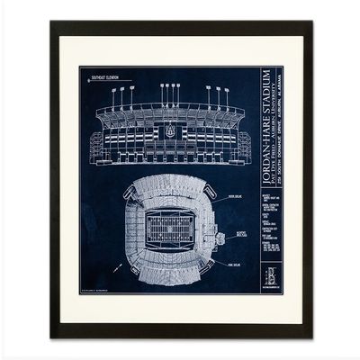 Jordan-Hare Stadium - Auburn University Blueprint Style Print (Framed - Black, 18" x 24")