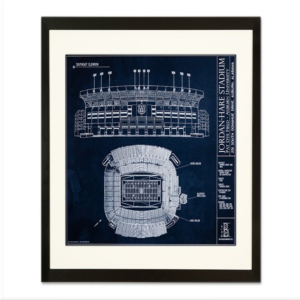 Jordan-Hare Stadium - Auburn University Blueprint Style Print (Framed - Black, 18" x 24")