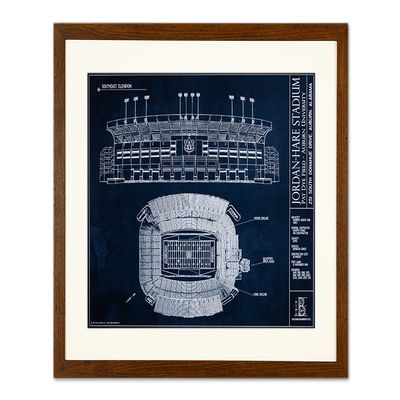 Jordan-Hare Stadium - Auburn University Blueprint Style Print (Framed - Walnut, 18" x 24")