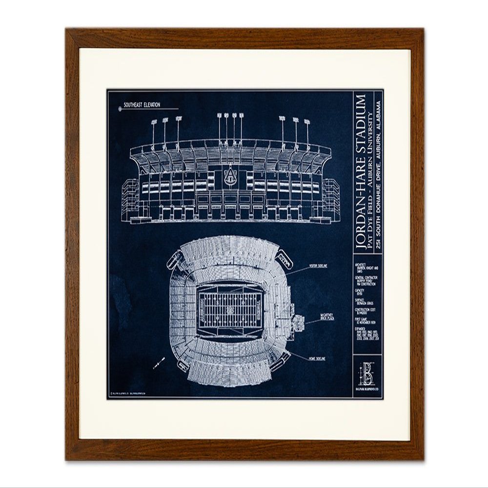 Jordan-Hare Stadium - Auburn University Blueprint Style Print (Framed - Walnut, 18" x 24")