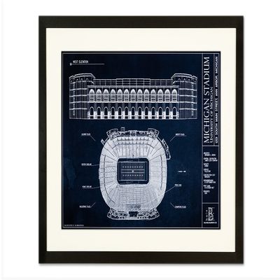 Ballpark Blueprints Michigan Stadium Blueprint Style Print (Framed - Black, 18" x 24")