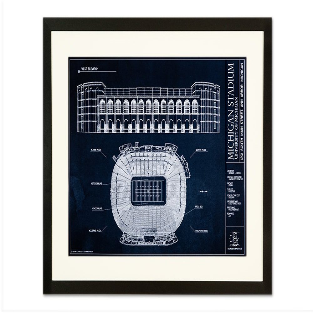 Ballpark Blueprints Michigan Stadium Blueprint Style Print (Framed - Black, 18" x 24")