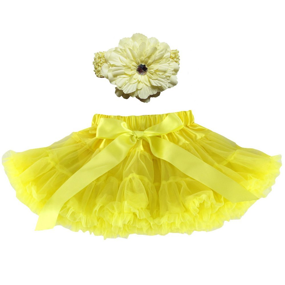 Wennikids Girl's Tutu Chiffon Petticoat Pettiskirt Set with Flower Hair Band Medium Yellow