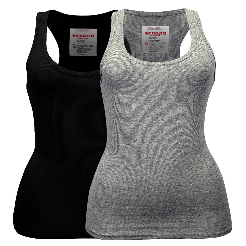 Zenana Women's Plain Solid Color Ribbed Racerback Tank Top Shirt Plus Sizes 2 Pack: Black | Heather Grey XX-Large