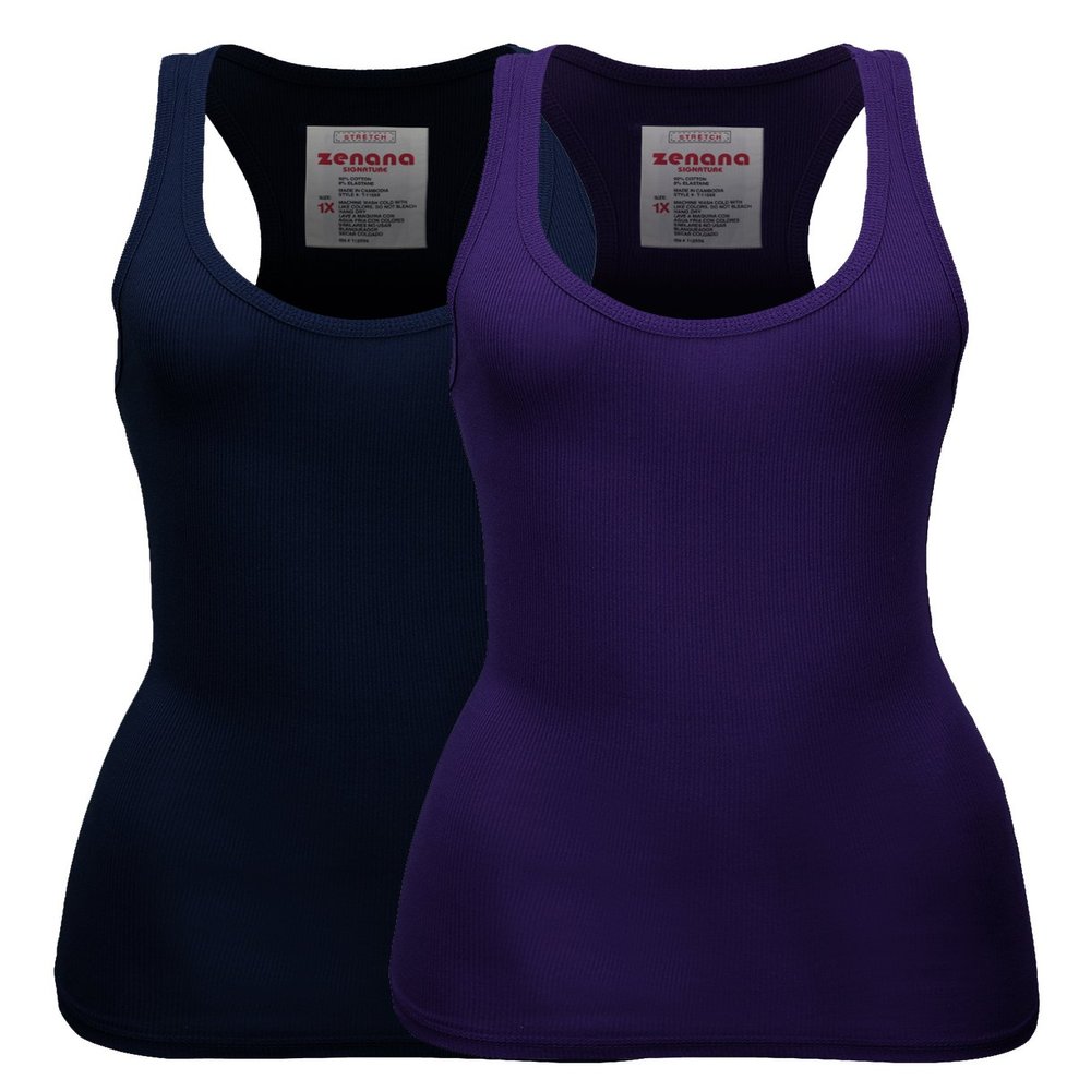 Zenana Women's Plain Solid Color Ribbed Racerback Tank Top Shirt Plus Sizes 2 Pack: Navy | Purple XX-Large